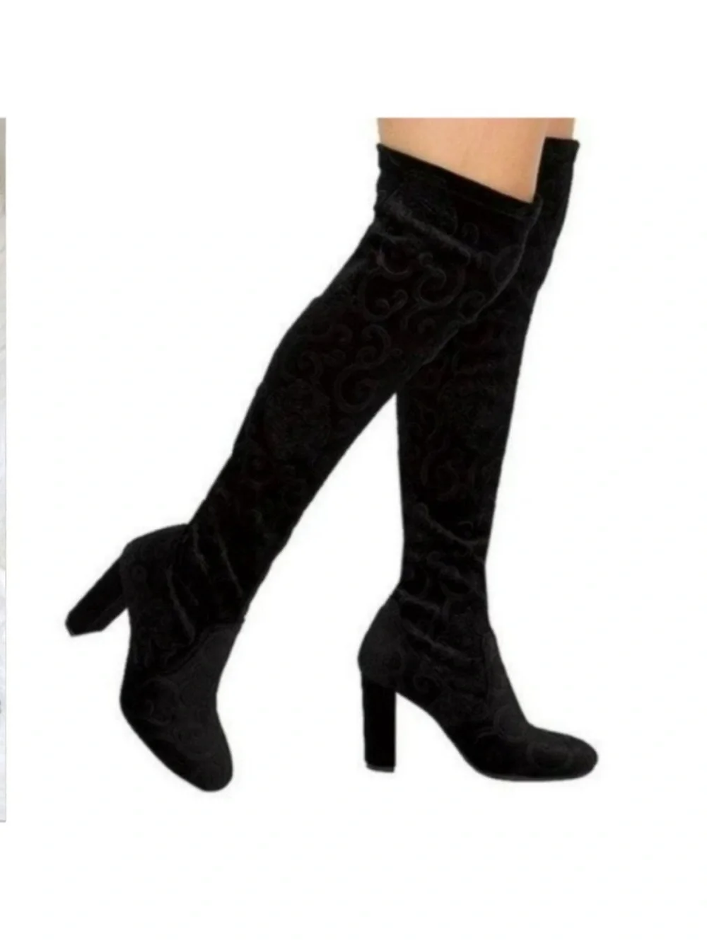 Black embroidered over the knee boots chunky block heel velvet